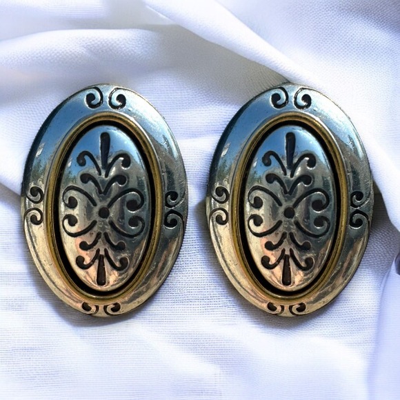 Brighton Oval Earrings, Silver and Gold Two Tone Clip On Earrings - Picture 1 of 2